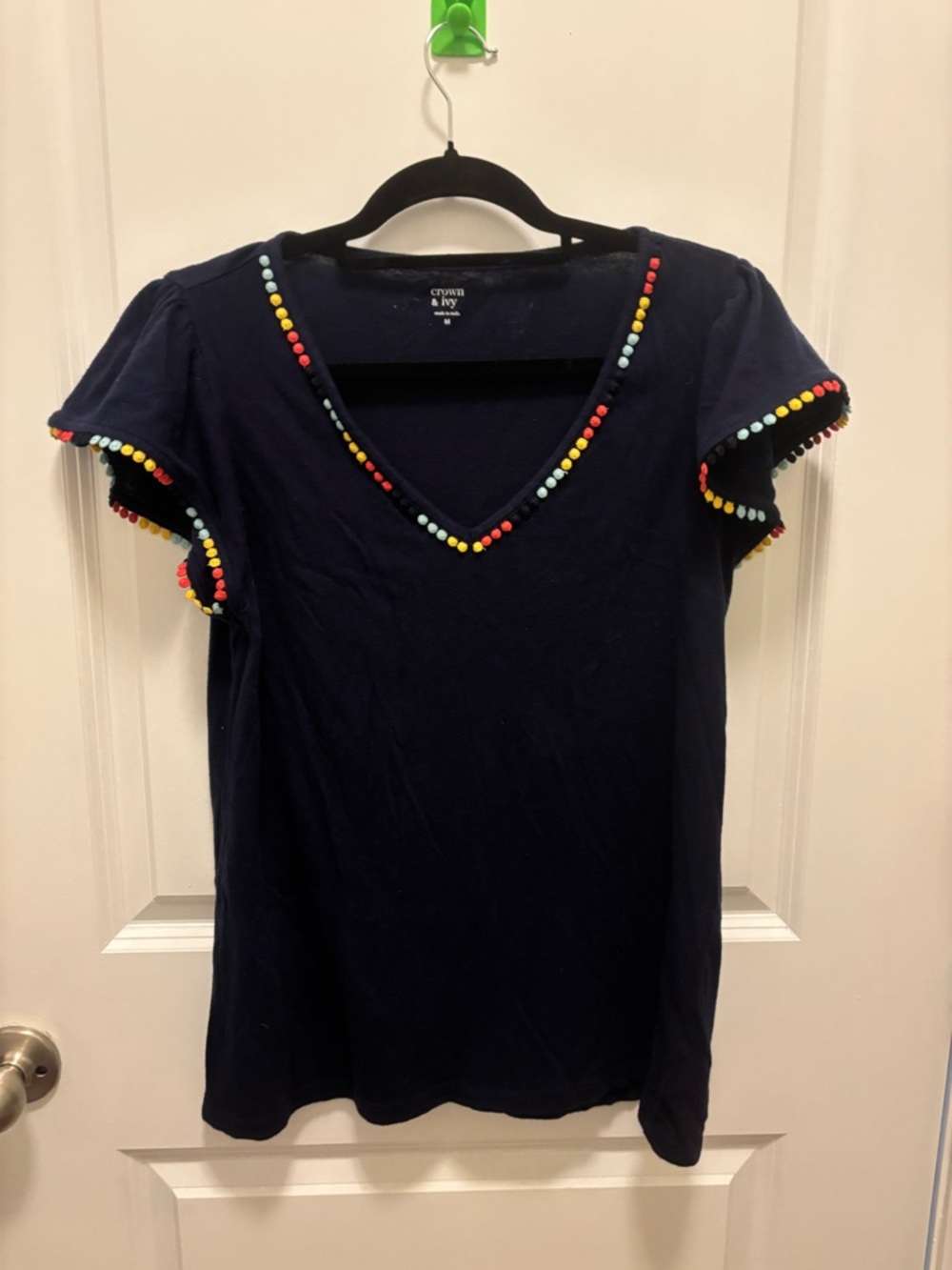 crown & ivy Navy V-Neck Short Sleeve Top with Multicolor Pom Trim